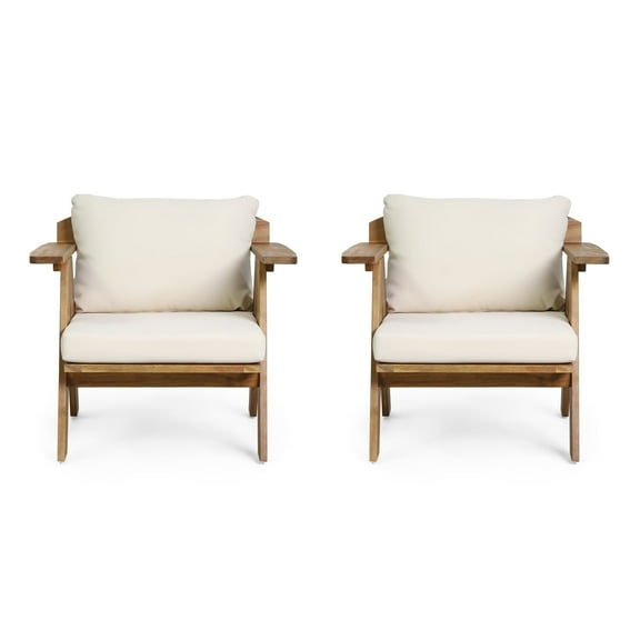 Malheur Outdoor Acacia Wood Club Chairs with Cushions (Set 2), Teak and Beige