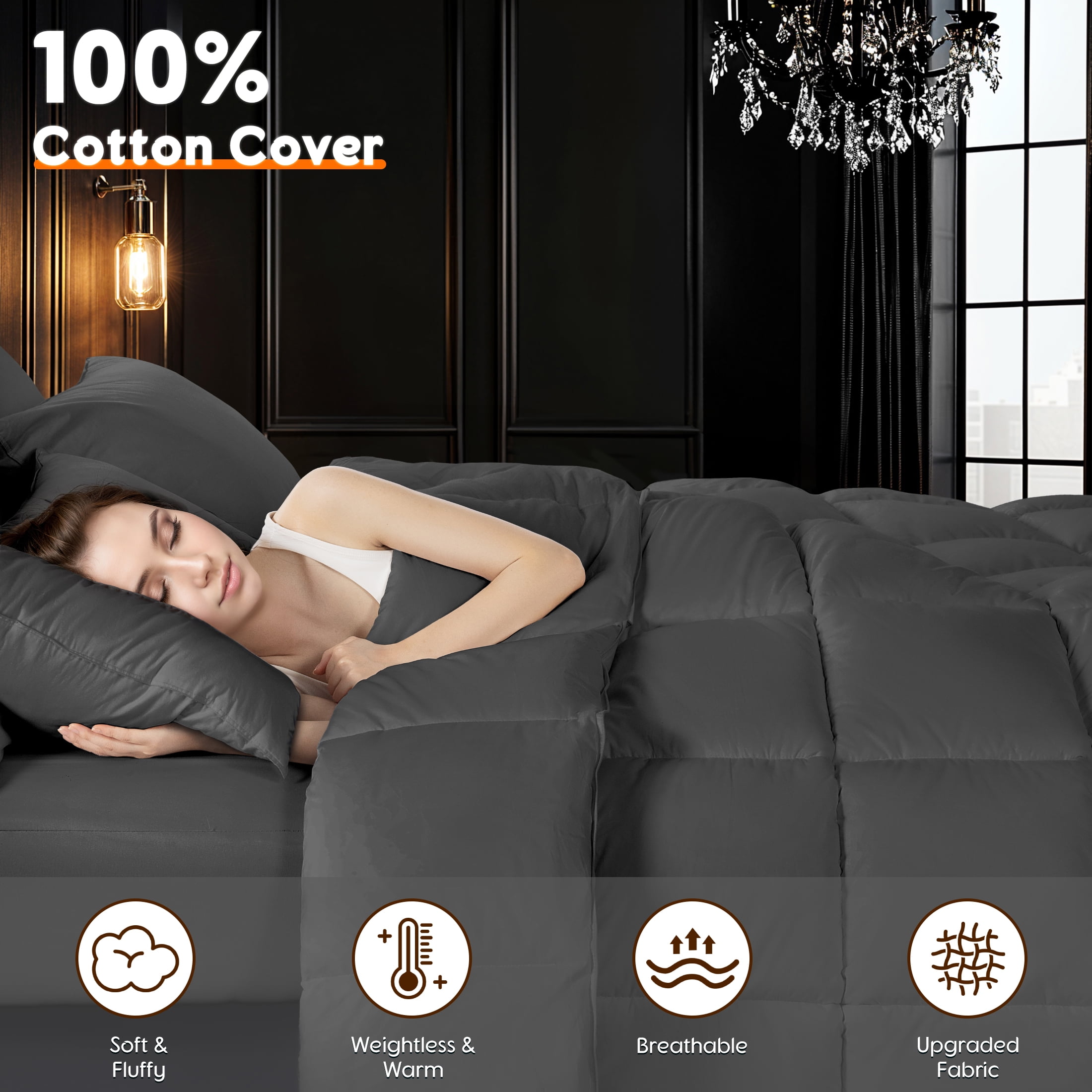 SONORO KATE Down Feather Comforter Duvet Insert with 100% Cotton Cover, Fluffy Quilted Comforter for All Season (Twin, Dark Gray)