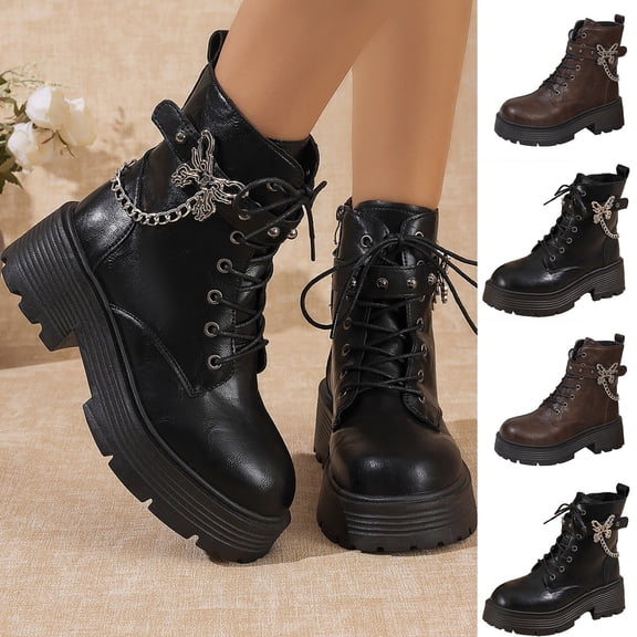 FRSASU Women's Butterfly Chain Decor Platform Lug Sole Boots Side Zipper Lace Up Chunky Heel Ankle Booties Brown