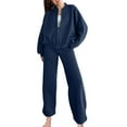 thumbnail image 2 of CFLVAEK Sweatsuits for Women 2pcs Outfits Zip Up Sweatshirt Jackets Drawstring High Waist Wide Leg Trousers Fall Trendy Workout Sets Blue M, 2 of 8