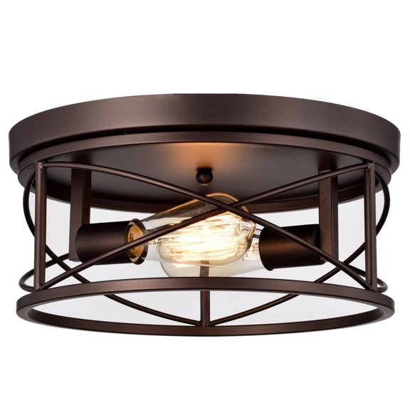 Chloe Lighting Ironclad Industrial 2 Light Oil Rubbed Bronze Ceiling Flush Fixture 14" Wide