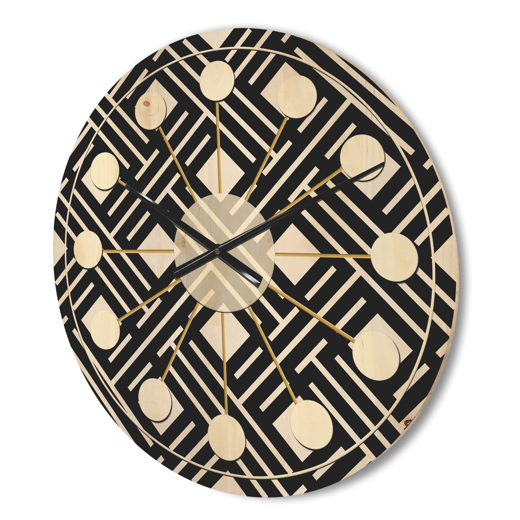 Designart 'Black and White Geometric Pattern II' Mid-Century Modern Wood Wall Clock