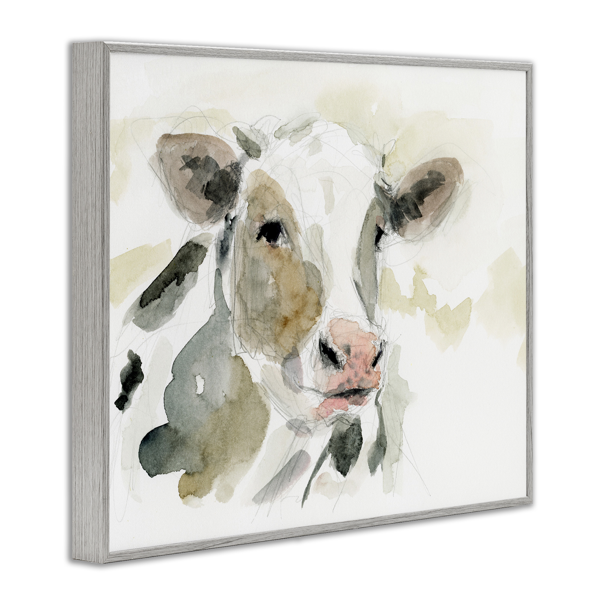 Stupell Industries Soft Watercolor Cow Animals & Insects Painting Gray Framed Art Print Wall Art, 14 x 11