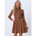 thumbnail image 2 of DARING DIVA Faux Suede Stand Collar Zip Up Belted Dress M Dark Brown, 2 of 6