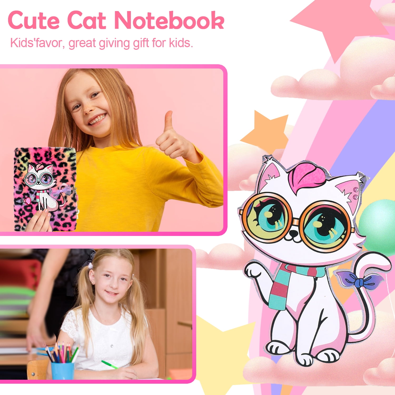 PinkSheep Cat Furry Diary with Lock and Keys, Secret Fuzzy Kitten Journal Notebook Diaries for Adult