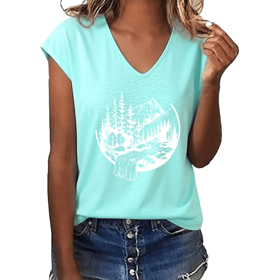 UNISHE Women's Mountain Waterfall Forest Scene Graphic V-Neck Short Sleeve T-Shirt Casual Outdoor Nature Tee