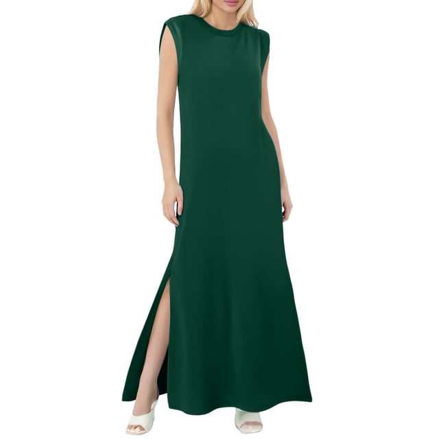 2025 Vestido largo sin mangas con abertura para mujer: vestido camisero informal y holgado con bolsillos laterales, cuello redondo, tejido ligero, ideal para el verano, tallas S-XXL