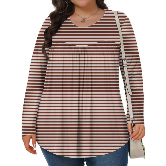 Mevxay Blouse à Rayures pour Femme Grande Taille Chic Décontractée T-Shirts Plissés Manches Longues Col Ras du Cou Tunique Fluide Hauts Brun 2TG