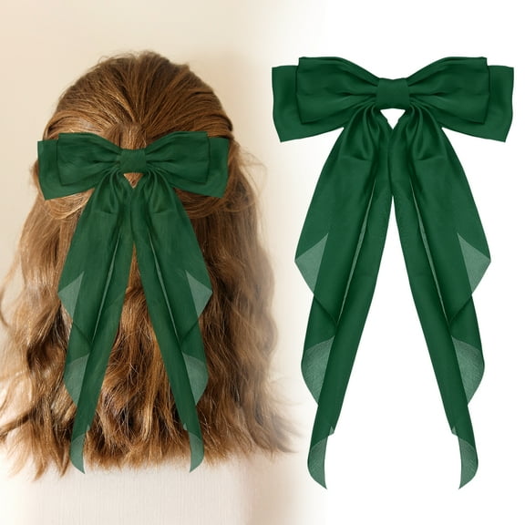 Uxcell Large Bowknot Hair Ribbon Barrette, Hair Bows Oversized Clip Long Tails - Fitting for (Party - Wedding - Birthday - Gift - Clip Accessories - Women) 14.17 Inch & Satin & Dark Green