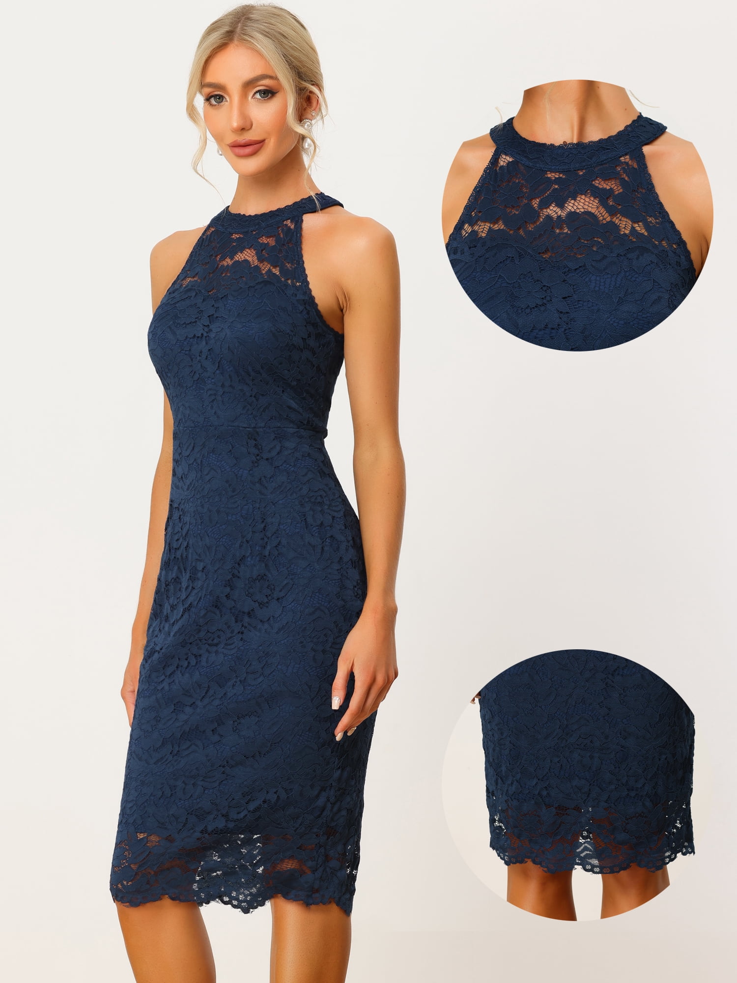DARING DIVA Lace Halter Neck Sleeveless Bodycon Cocktail Sheath Dress XL Dark Blue