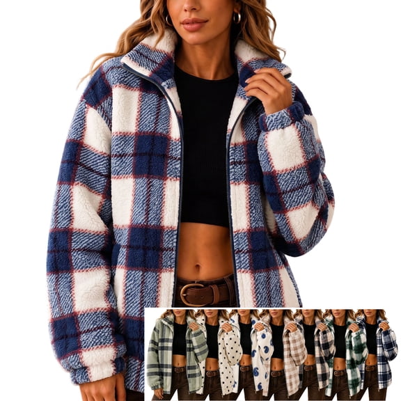 Smsaxvxz Women’s Long Sleeve Sherpa Fleece Plaid Jacket Casual Chunky Fuzzy Warm Winter Coat for Women Blue 2XL