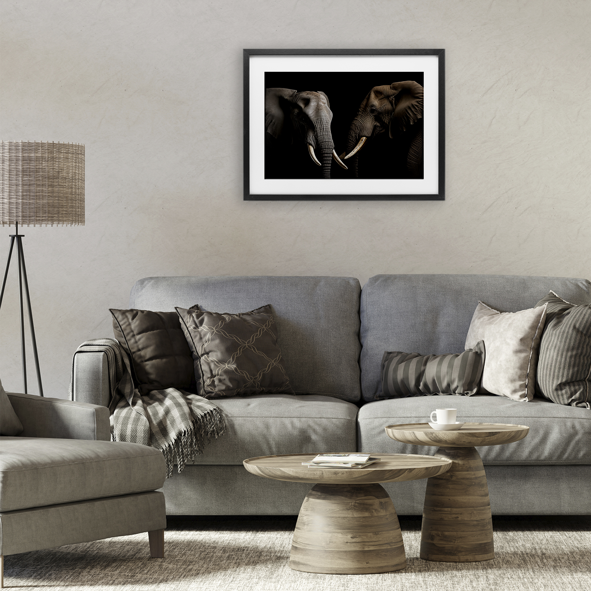 Pachyderm Elephant Pair Black Framed Print Under Glass, design by Decent Exposures