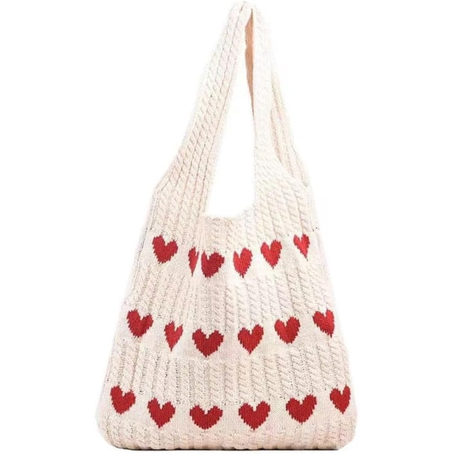 LHSHIDU Crochet Tote Bag Cute Aesthetic Bag Hearts Pattern Knitted Shoulder Bag Hollow Beach Bag for Women