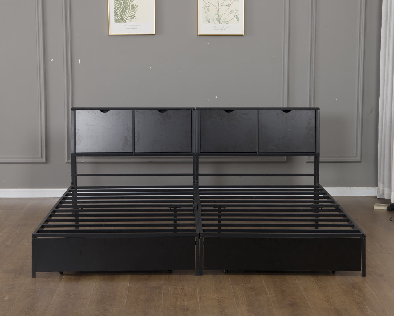 2 x Twin Size Metal Platform Bed Frame with Storage Headboard, Detachable Daybed with LED Lights, Drawers and Side Shelves