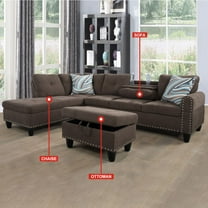 PonLiving Sectional Sofa, 3 Piece Living Room Linen Couch with Storage Ottoman, Cup Holder, Left Facing Chaise, Brown Grey