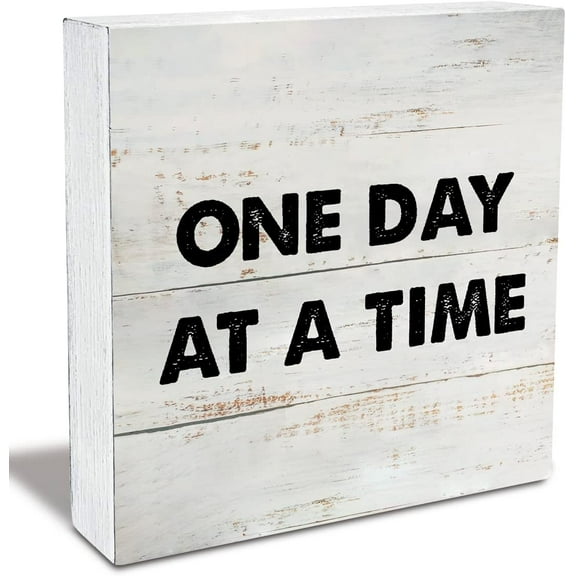 Rustic Motivational One Day at a Time Wood Box Sign Encouragement Recovery Gift Wooden Box Sign Farmhouse Home Office Desk Shelf Decor (5x5 Inch)