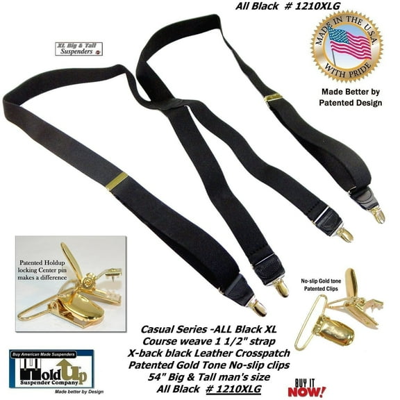 HoldUp Brand XL Big and Tall All Black X-back Suspenders with Gold tone patented No-slip Clips
