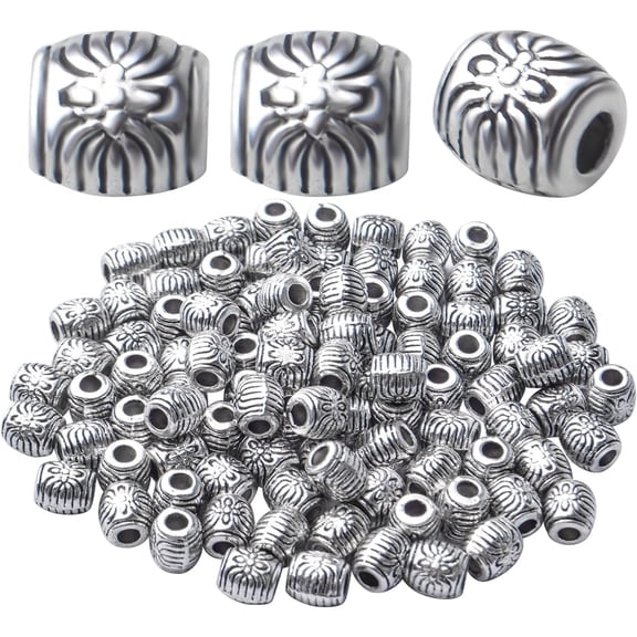 100pcs Antique Silver Barrel Spacer Beads Alloy Tibetan Spacers Drum Beads Loose Beads Charm Beads Crafts Supplies for Jewelry DIY Bracelet Necklace Making
