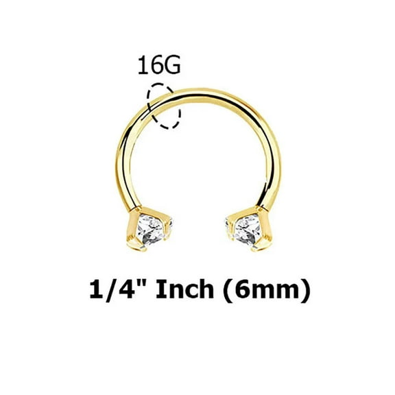 14 Karat Gold Horseshoe Circular Barbell Ring 16 Gauge  Prong Set Gem