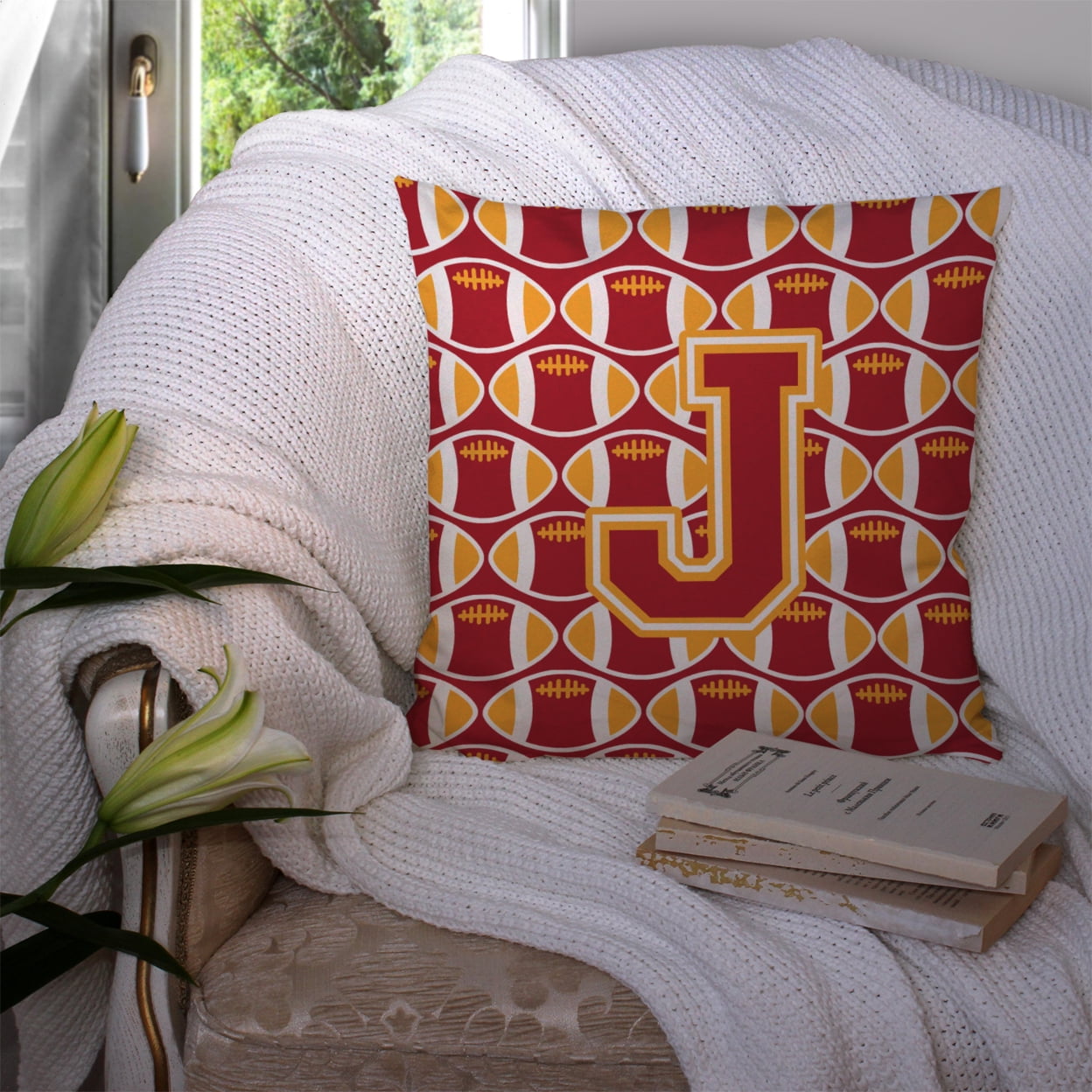 Letter J Football Cardinal and Gold Fabric Decorative Pillow
