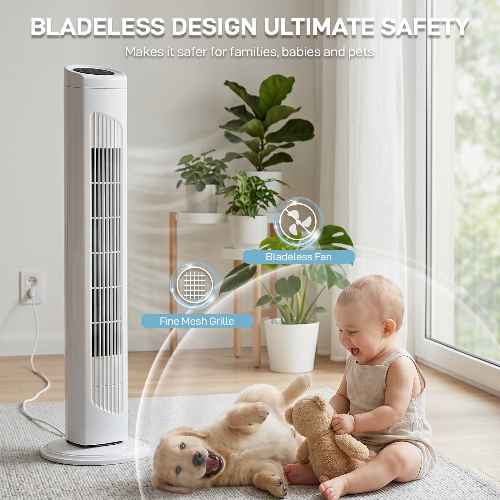 Tower Fan, 110V 45W, 32 Inch, Column Shape, White Plastic Body, Copper Motor, Touch & Remote Control, 3 Speeds, 3 Modes, Oscillating Function, 7.5-Hour Timer