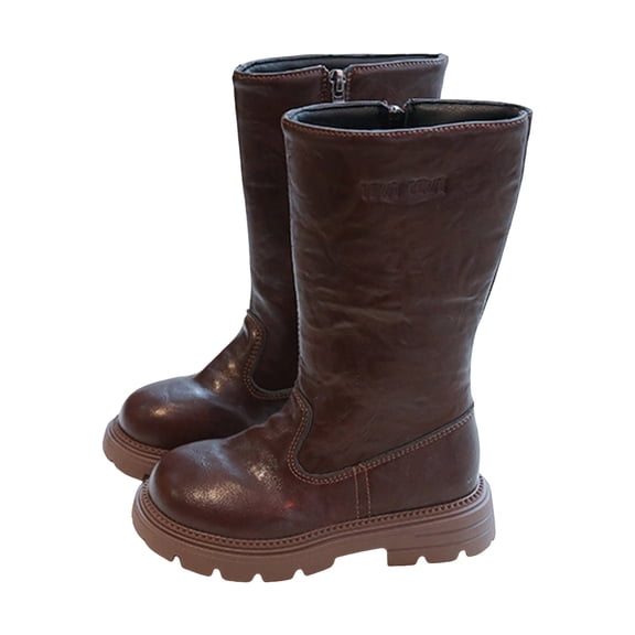 Wide Calf Boots for Girls Platform Lug Sole Round Toe Vintage Leather Zip up Mid Calf Long Booties Kids Casual Knee High Boots 3 Big Kid Brown