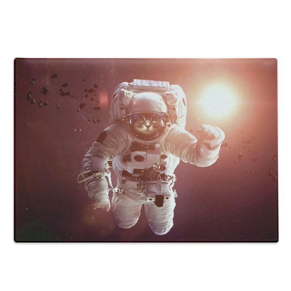 Space Cat Cutting Board, Pet Cat in Outer Space Planet Meteors Galaxy with Astronaut Suit Image, Decorative Tempered Glass Cutting and Serving Board, Large Size, White Purple and Ruby, by Ambesonne
