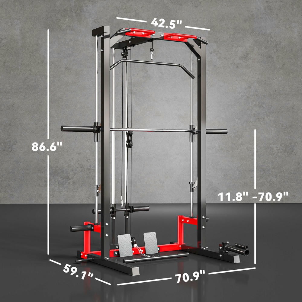 Kadyn Dumbbell Racks with Pull Up Bar, Lat Pull Down System and Landmine, Adjustable Squat Rack for Home Gym, Black, Red