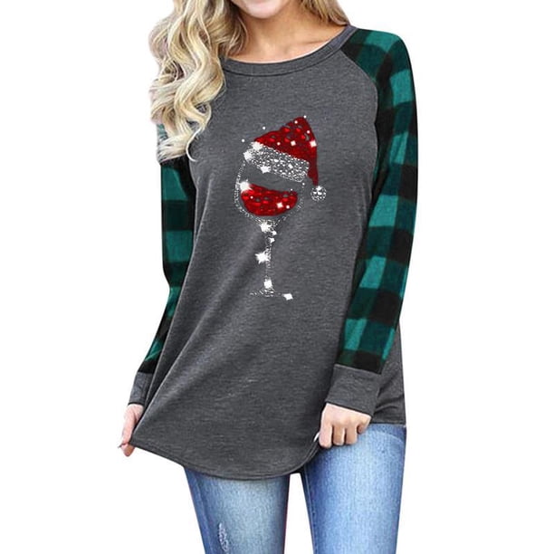 Women Long Sleeve Tops, Women Long Sleeve Shirt Plaid Sleeves Christmas Hat And Red Wine Glass Pattern Print Soft For Date For Women For Party ANGGREK Ropa Gris y Mangas Cuadros Verdes XL