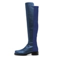thumbnail image 2 of YDN Women Stretchy Pull On Round Toe Flats Knee High Boots Bi-Material Low Block Heel Long Boots Office Formal Shoes Size 7 Blue, 2 of 4