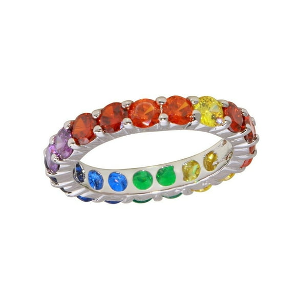Rhodium Plated 925 Sterling Silver Multi-Colored Eternity Ring Band Multi-color CZ Female Size 8