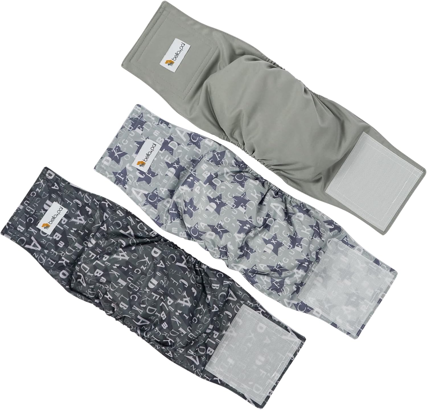 BELLA & PAL Light Gray Male Dog Diapers, 3-Pack, Highly Absorbent Washable Diapers for Small Dogs, Leak-Proof Puppy Diapers, XS