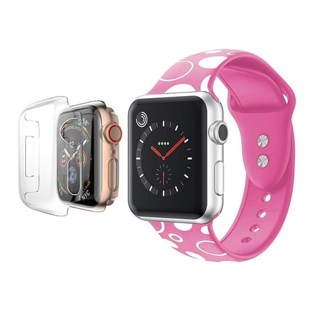 Screen Glass Replacement - Apple Watch Replacement Bands 44mm with Full Body Clear Hard Case Temper Glass Screen Protector Soft Silicone Replacement Wristband for iWatch Apple Watch Series 4 - Pink Polka Dots