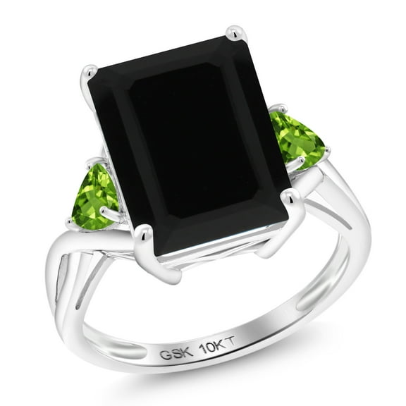 Gem Stone King 10K White Gold Black Onyx and Green Peridot 3 Stone Engagement Ring for Women (7.12 Cttw, Emerald Cut 14X10MM, Trillion 4MM, Size 7)