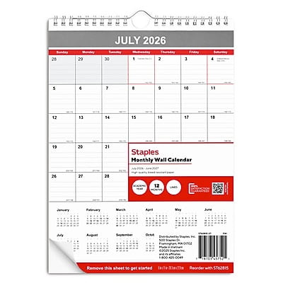 2026-2027 Staples 8" x 11" Academic Monthly Wall Calendar, White/Red/Gray (ST62815-27)