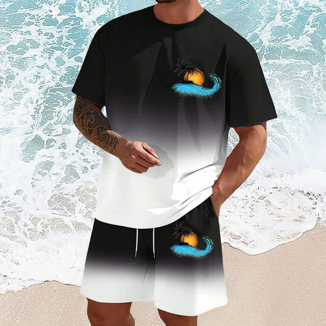 UANWENN Ensemble de Costume Décontracté d'Été pour Hommes Col Rond Manches Courtes Shorts avec Imprimé Extensible Confortable pour le Printemps et les Saisons Robes Costumes et Veste de Smoking pour Hommes