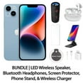 thumbnail image 1 of Restored Apple iPhone 14 256GB Blue Fully Unlocked Bundle with LED Wireless Speaker, Bluetooth Headphones, Screen Protector, Wireless Charger, & Phone Stand (Refurbished), 1 of 7