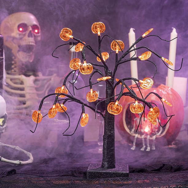 JOIEDOMI 1.5 FT Halloween Spooky Tree, Light Up Halloween Tree with 24 LED Orange Pumpkin Lights