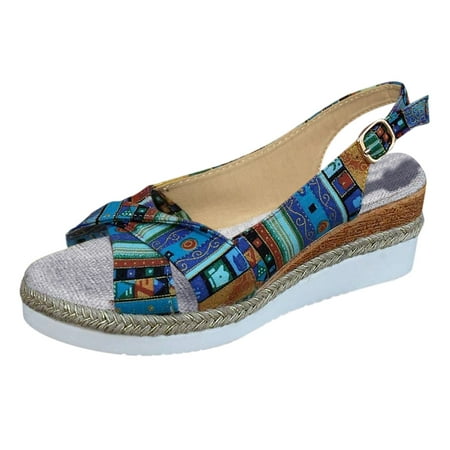 

Sandals Women Summer Bohemian Geometric Pattern Slingback Shoes Vacation Canvas Wedge Sandals