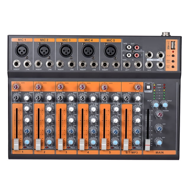Consola de mezclas de 7 canales con USB, entrada XLR y LINE, ecualizador de 3 bandas y efecto de eco integrado, ideal para micrófonos de condensador con alimentación fantasma de 48V. Incluye