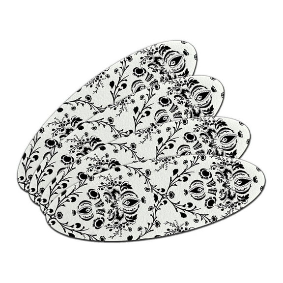 Damask Elegant Black White Double-Sided Oval Nail File Emery Board Set 4 Pack