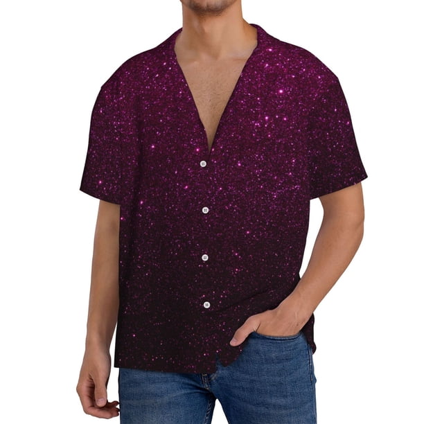 Balery Dark Purple Glitter Camisa Casual de Manga Corta con Botones para Hombre, Texturizada, Estilo Cubano, para Playa, Verano-4X-Large
