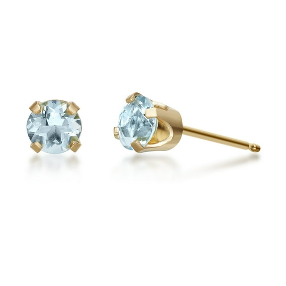 14K Yellow Gold Round Aquamarine Stud Earrings - 4mm