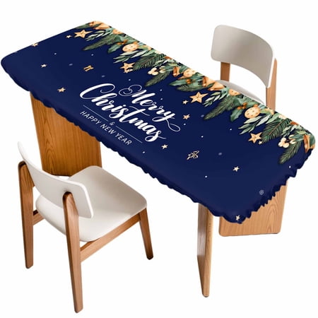 Navy Blue Christmas Table Cloths for 8 Foot Rectangle Tables Xmas Botanical Ball Bell Patio Waterproof Elastic Fitted Tablecloths Washable Rectangular Table Cover for Camping