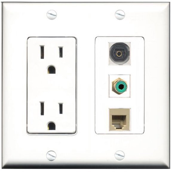 RiteAV - 15 Amp Power Outlet 1 Port RCA Green 1 Port Phone Beige 1 Port Toslink Decorative Wall Plate