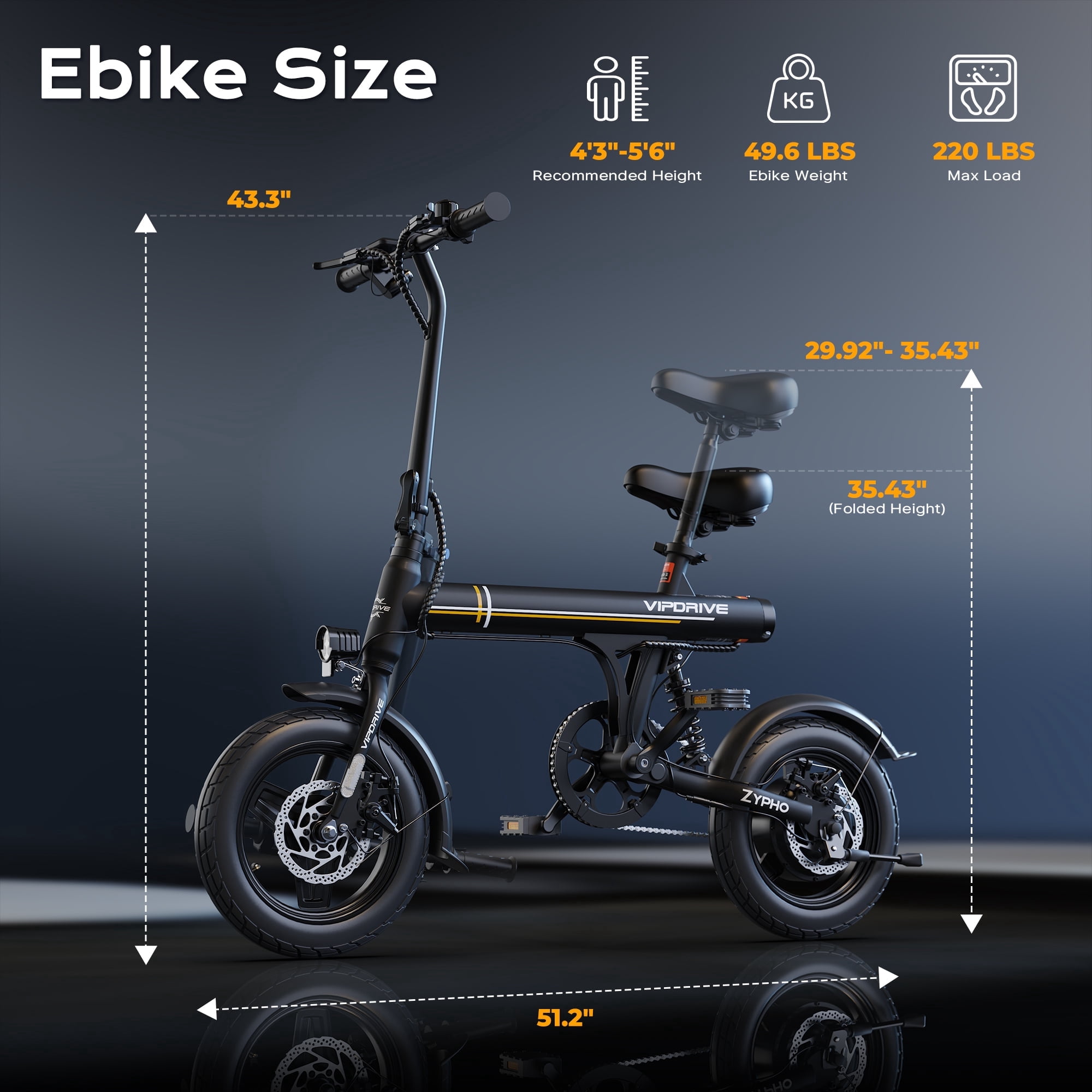 VIPDRIVE Electric Bike - Folding E Bike for Adults, 500W Peak Motor Up to 25 Miles Range, Speed 20MPH - 14" Commuter Ebike for Woman with 36V 7.8Ah Battery + Dual Disc Brakes & Rear Shock, UL2849