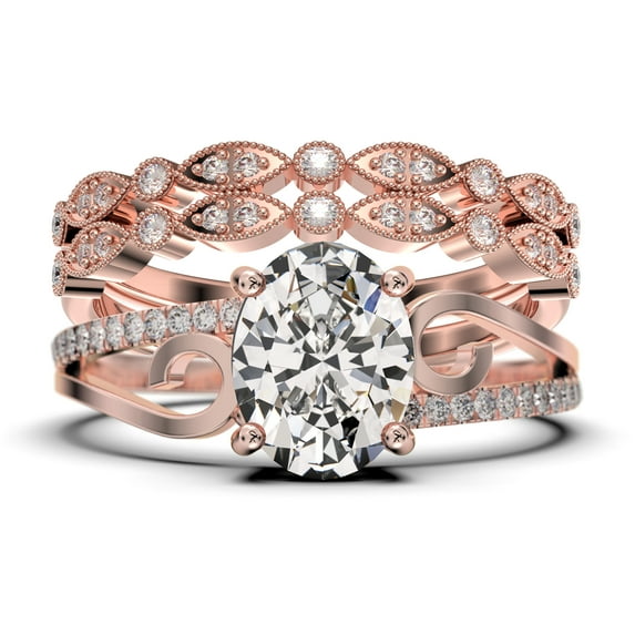 Gorgeous Art nouvea 2.50 Carat Oval Cut Diamond Moissanite Twirled Style Engagement Ring, Wedding Ring in 925 Sterling Silver With 18k Rose Gold Plating Gift For He, Trio Set