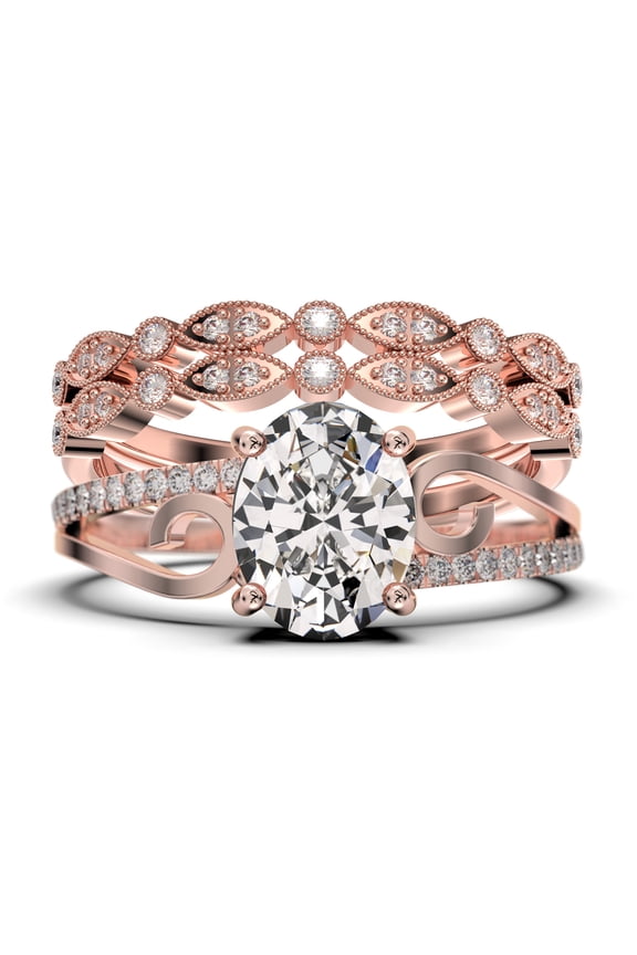 Gorgeous Art nouvea 2.50 Carat Oval Cut Diamond Moissanite Twirled Style Engagement Ring, Wedding Ring in 925 Sterling Silver With 18k Rose Gold Plating Gift For He, Trio Set
