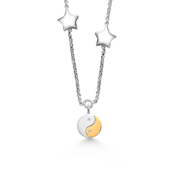Gem Stone King 925 Sterling Silver and 10K Yellow Gold White Lab Grown Diamond and White Moissanite Fortune Charms Star Necklace for Women | Made in Italy