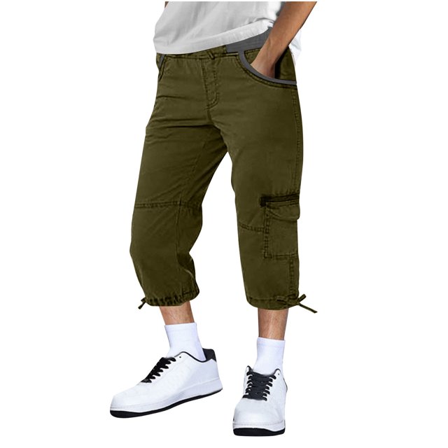 Capris, Mens Fashion Solid Drawstring Elastic Waist Pocket Casual Sweat Capris Pants